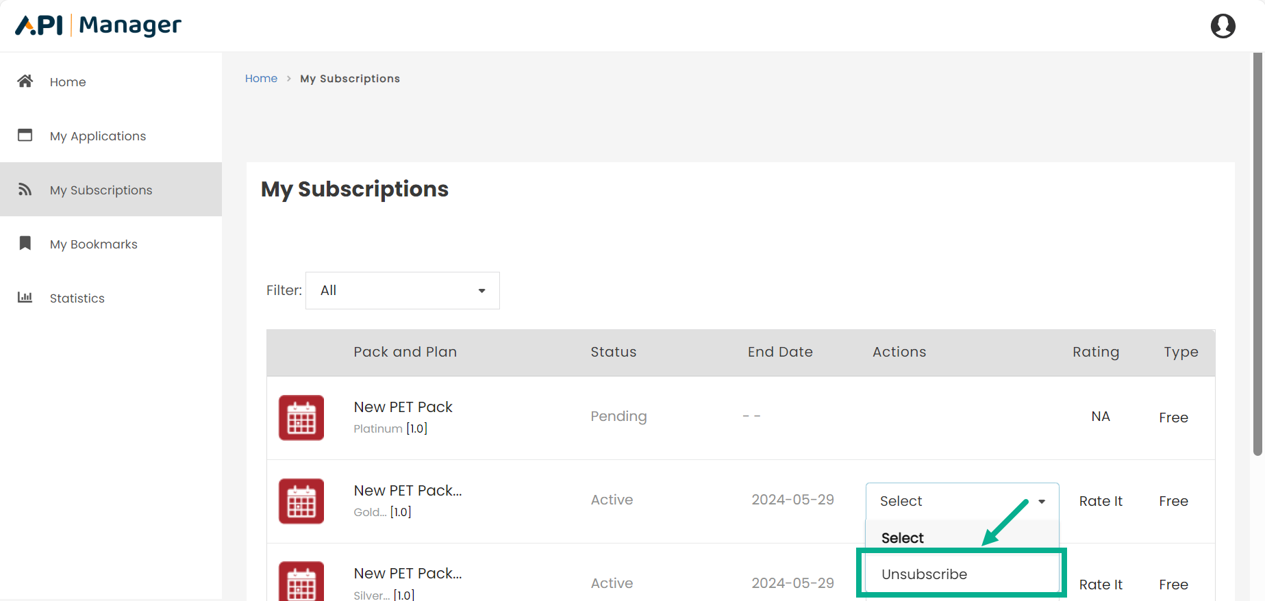 My Subscriptions screen